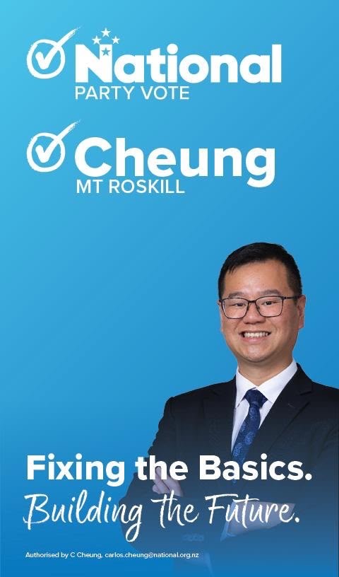 National election advertisement: Carlos Cheung for Mt Roskill, Party Vote National